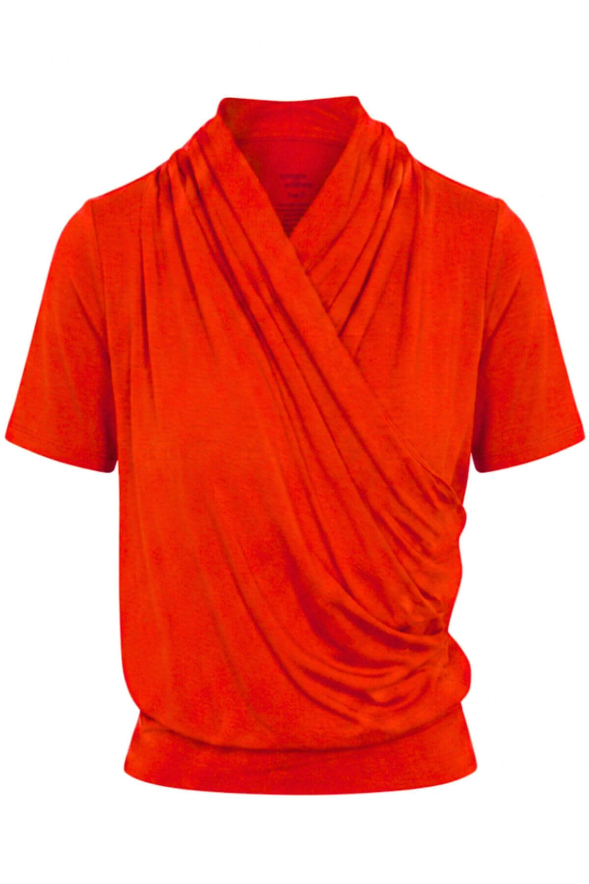 A bright orange short-sleeve t-shirt with a draped wrap-style collar, shown on a plain white background.