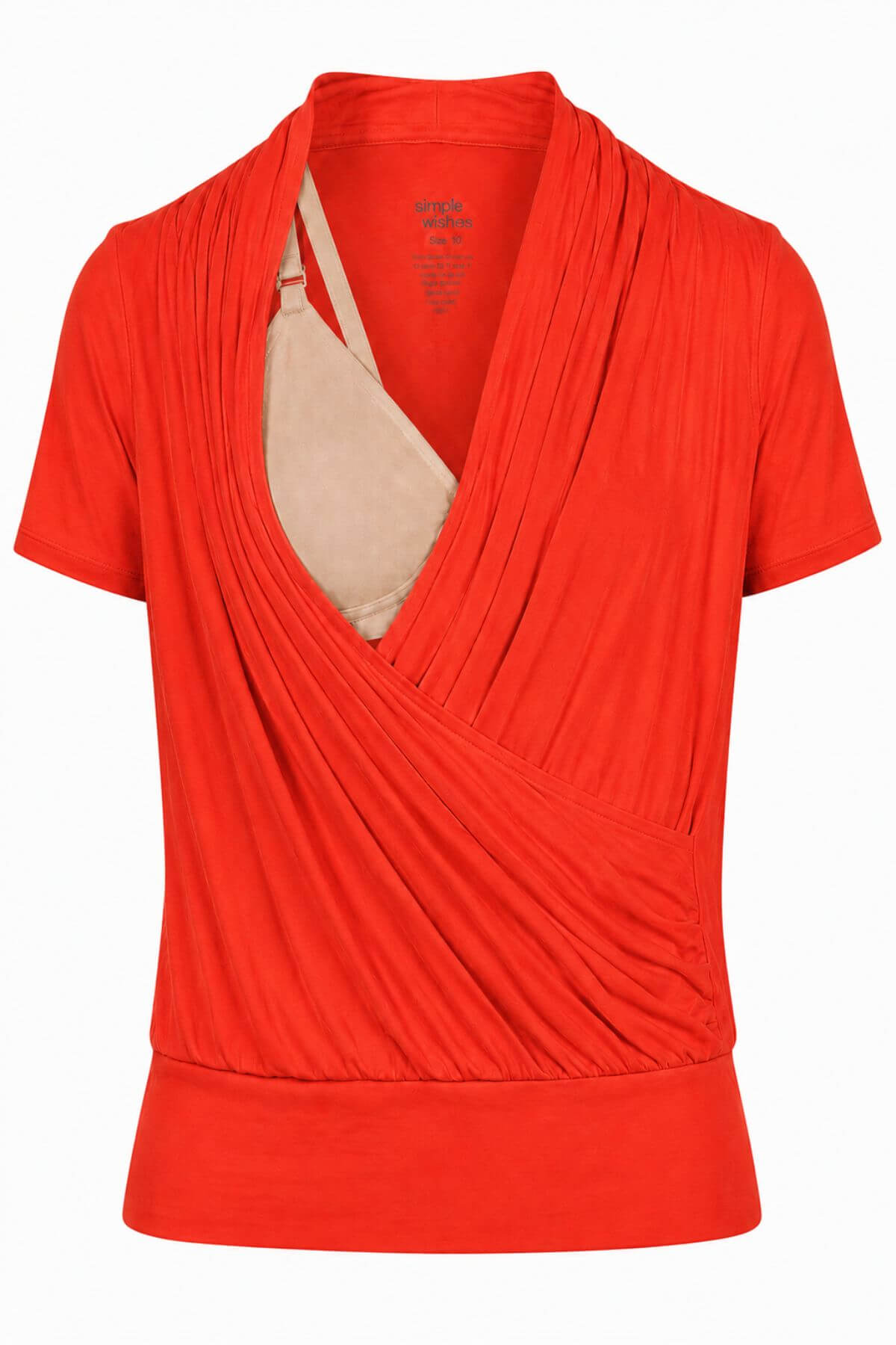 A bright red short-sleeve wrap-style top with a draped cowl neckline, shown on a white background. A beige underwire bra is visible inside the neckline as a styling prop.