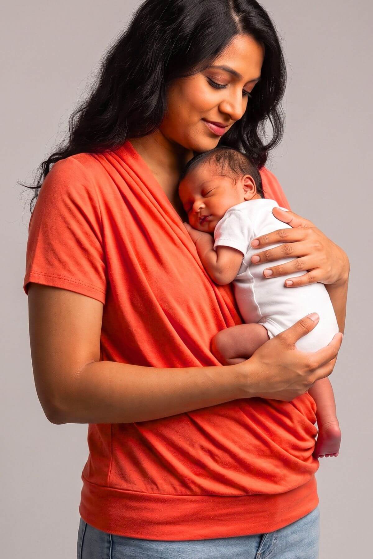 A woman wearing a bright coral-orange short-sleeve babywearing shirt holds and cradles a sleeping newborn baby dressed in a white onesie against a plain light gray studio background.
