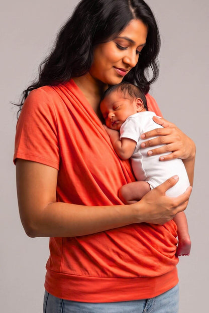 A woman wearing a bright coral-orange short-sleeve babywearing shirt holds and cradles a sleeping newborn baby dressed in a white onesie against a plain light gray studio background.