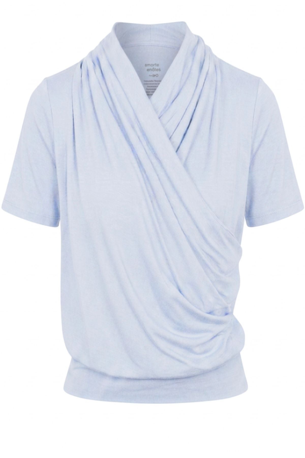 A light blue short-sleeve wrap top with a draped, cowl-like front overlay, shown on a plain white background.