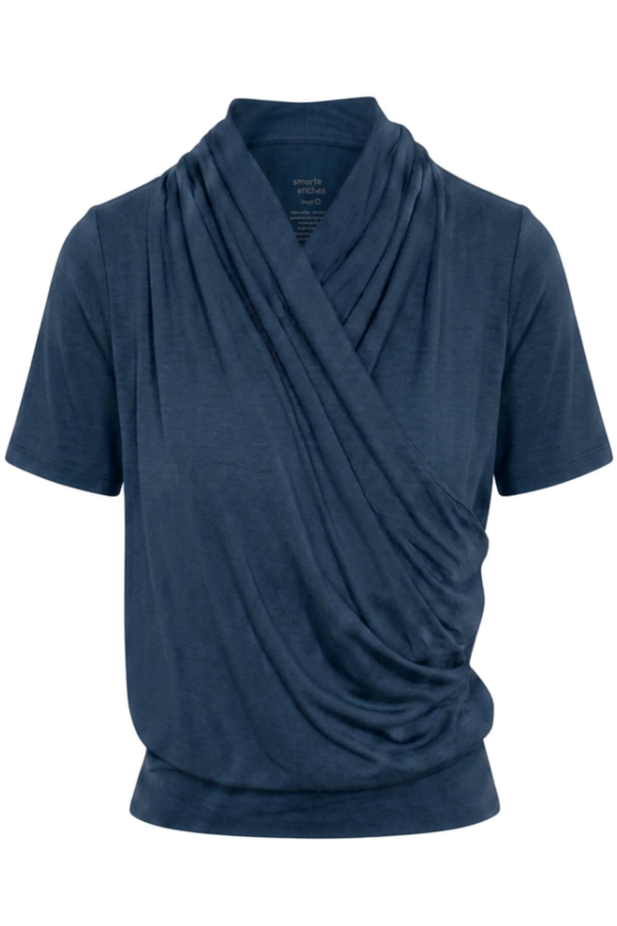 A navy blue short-sleeve top with a draped, wrap-style collar, shown on a plain white background.