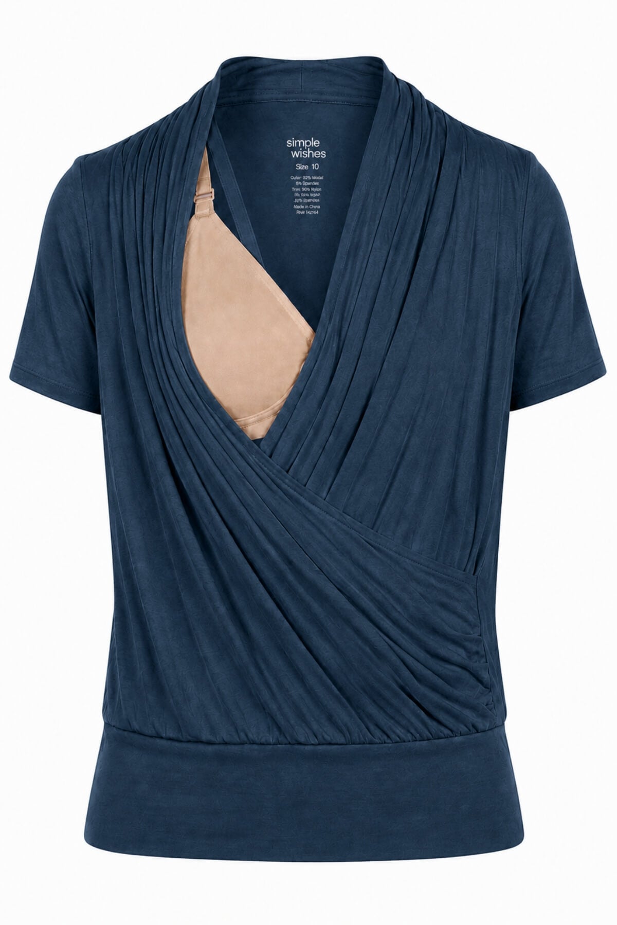 A navy blue short-sleeve wrap top by Simple Mills, featuring a draped cowl neckline and a built-in beige lining in the center front, displayed on a white background.