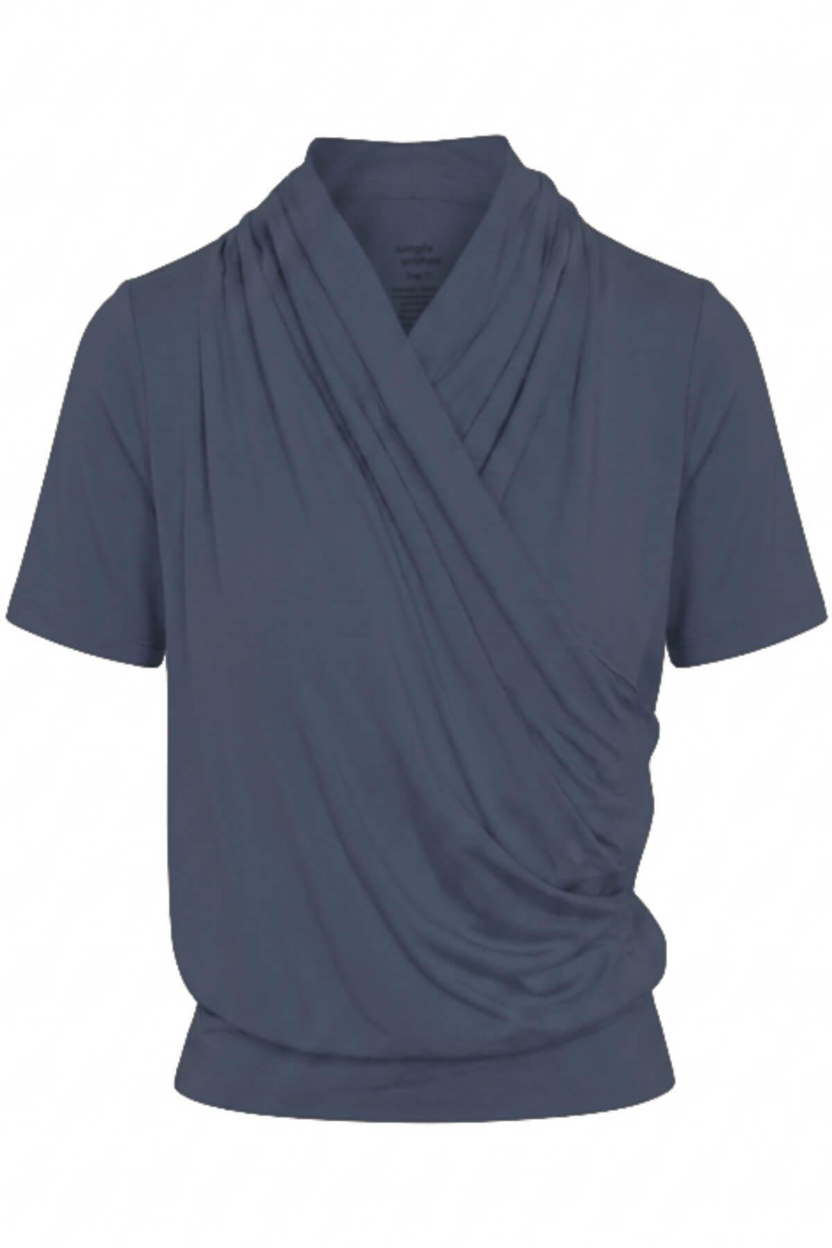 A slate blue short-sleeve top with a draped, wrap-style V-neck design, shown against a plain white background.