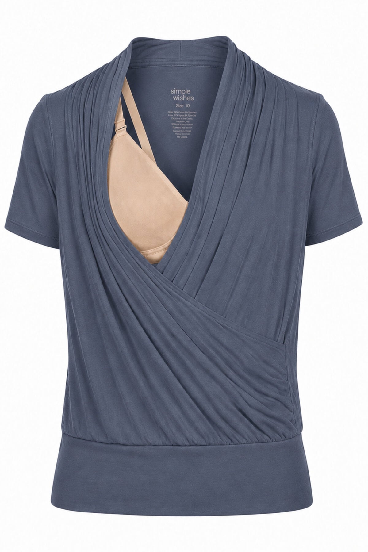 A slate blue short-sleeve wrap top with a draped cowl neckline, styled with a beige underwire bra visible inside, on a plain white background.
