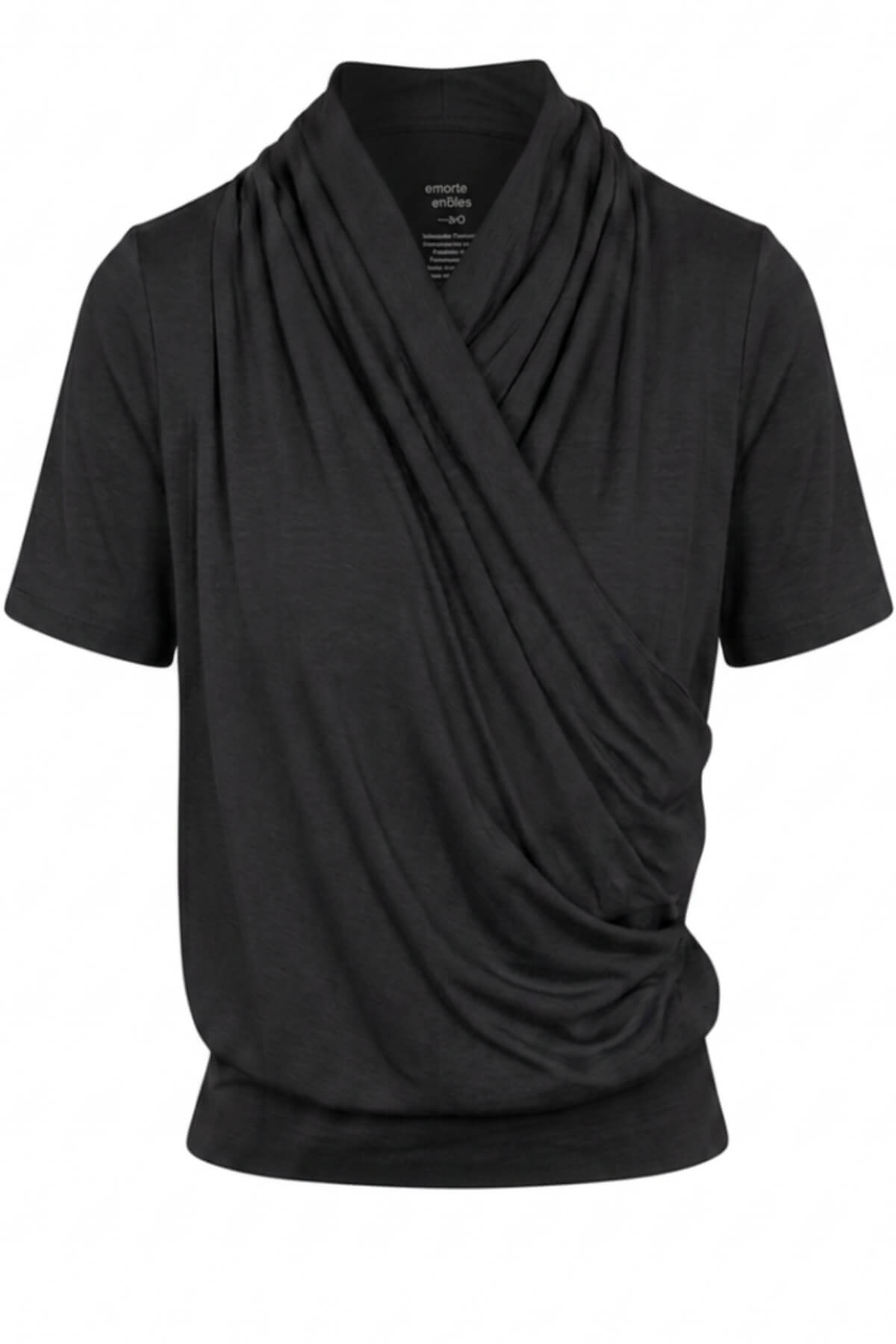 A black short-sleeve draped wrap top with a cowl neck, shown on a plain white background.