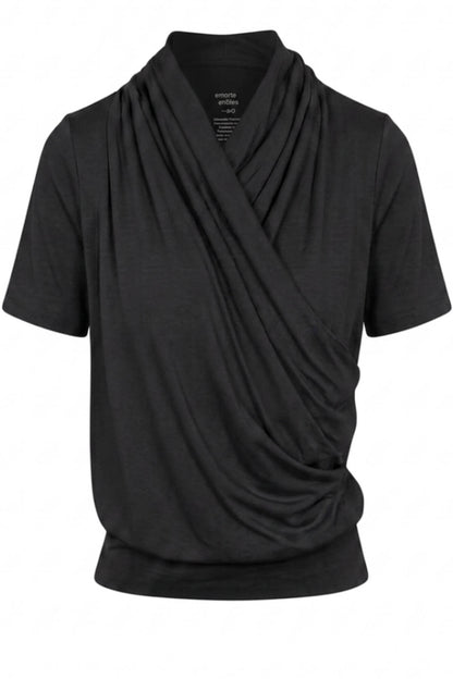 A black short-sleeve draped wrap top with a cowl neck, shown on a plain white background.