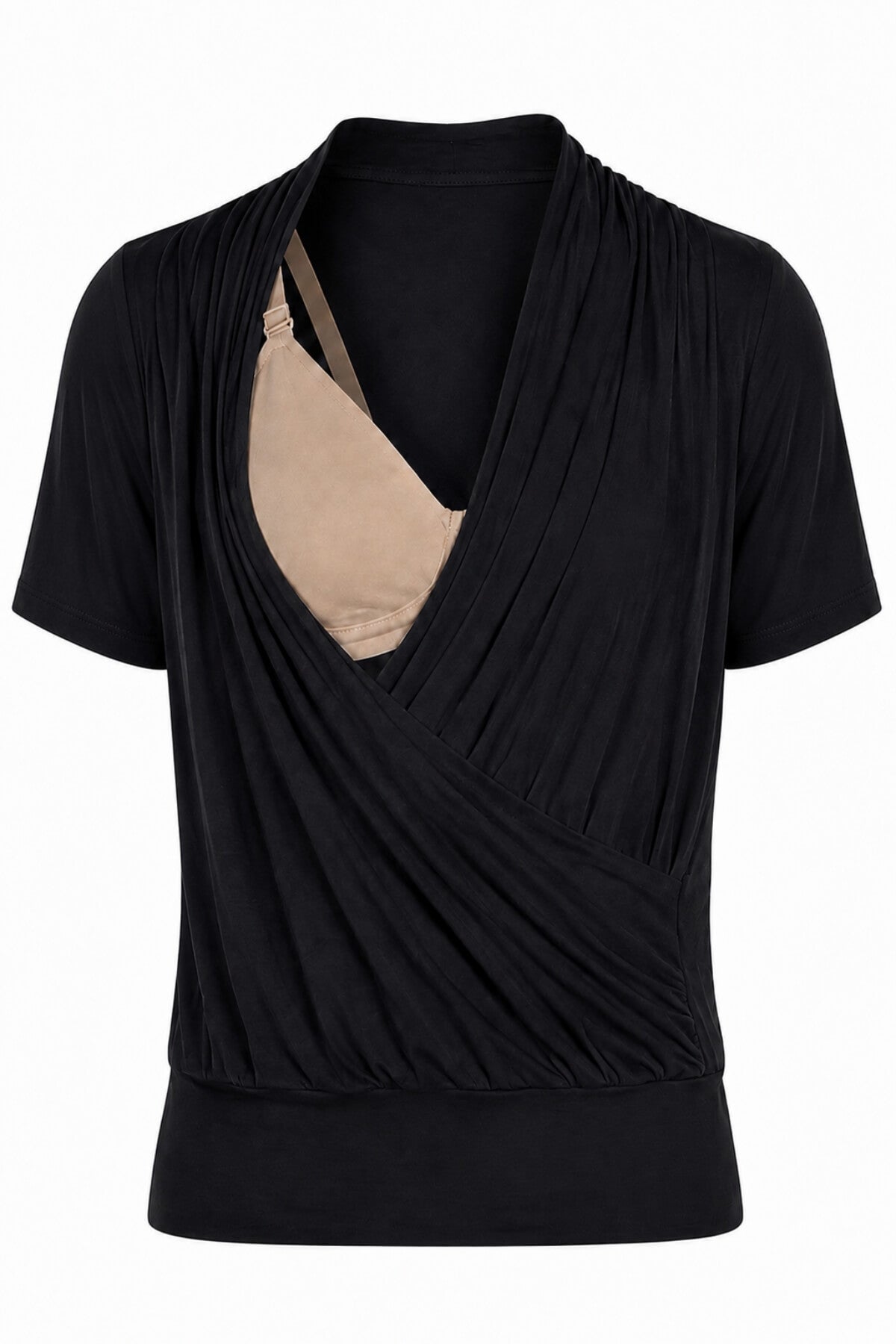A black short-sleeve draped wrap top displayed on a mannequin torso, with a beige bralette peeking out from the front under a draped neckline, against a plain white background.