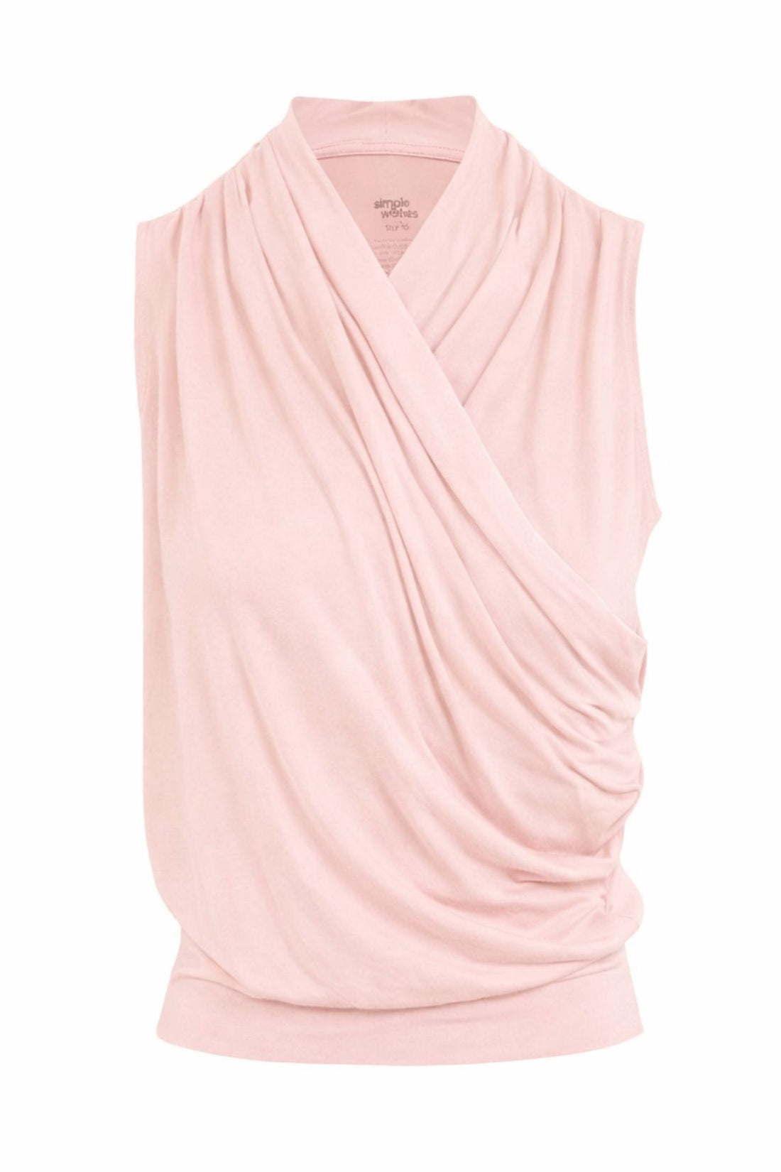 Pink sleeveless nursing top with draped design on a white background