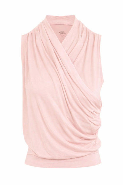 Pink sleeveless nursing top with draped design on a white background