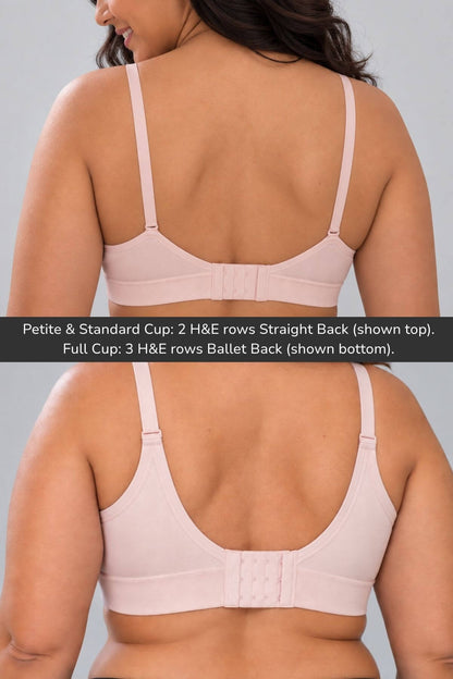 Back view of a model wearing  a simple wishes supermom silhouette nursing bra and hands free pumping bra in ballet slipper pink, showing two cup styles with text overlay explaining the H&amp;E row and back type differences.