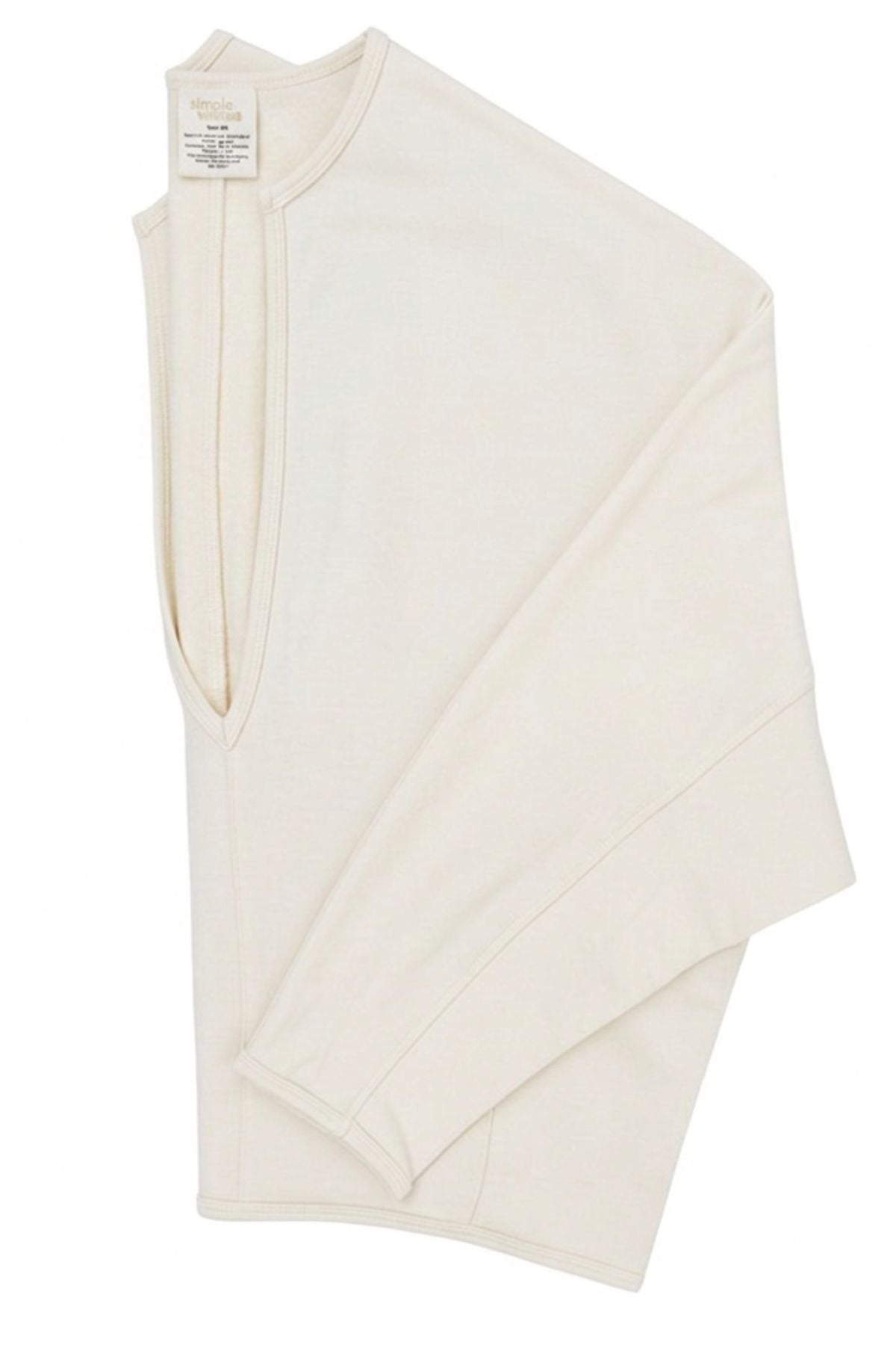 An off-white long-sleeve knit top with a mock neck and split neckline, folded neatly on a white background.