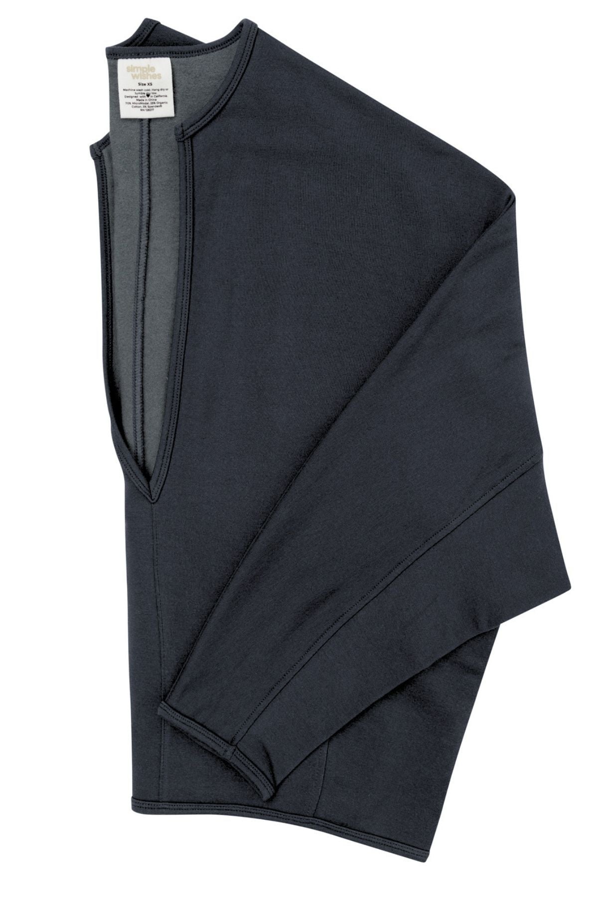A dark charcoal gray sleeveless knit top with a split V-neckline, folded to show the interior lining and collar tag, on a plain white background.