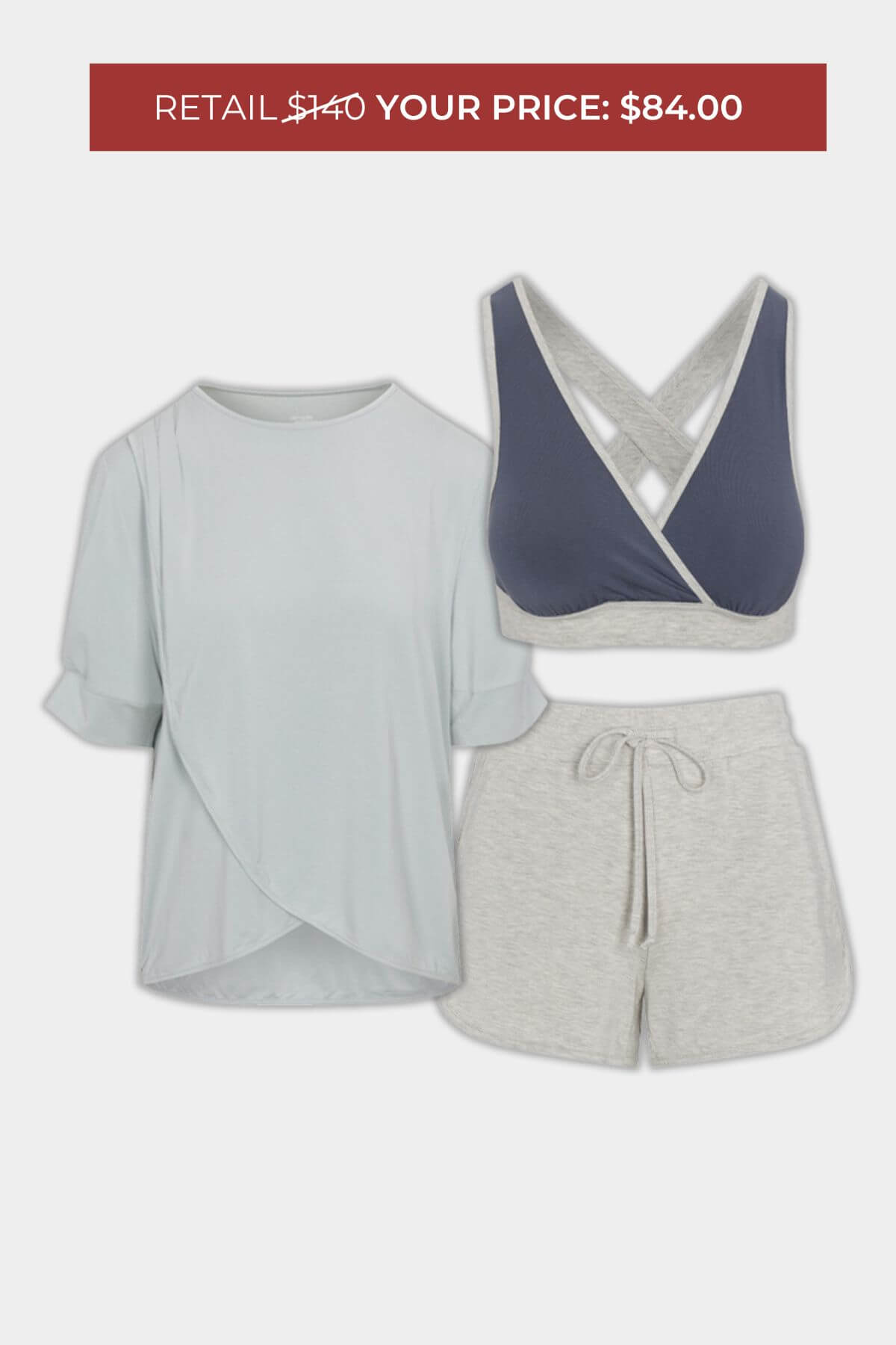 Camille Nursing Top + Lulu Jersey Shorts + Undercover Reversible Nursing Sleep Bra | 40% discount on curated set of breastfeeding best-sellers.