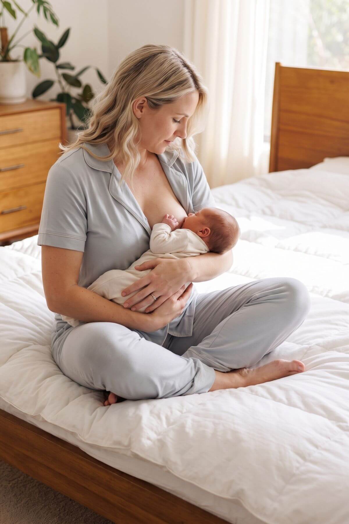A woman in light gray pajamas sits on a white bed holding a newborn baby, showing a close-up of the matching gray nursing bra and pants set in a softly lit bedroom.