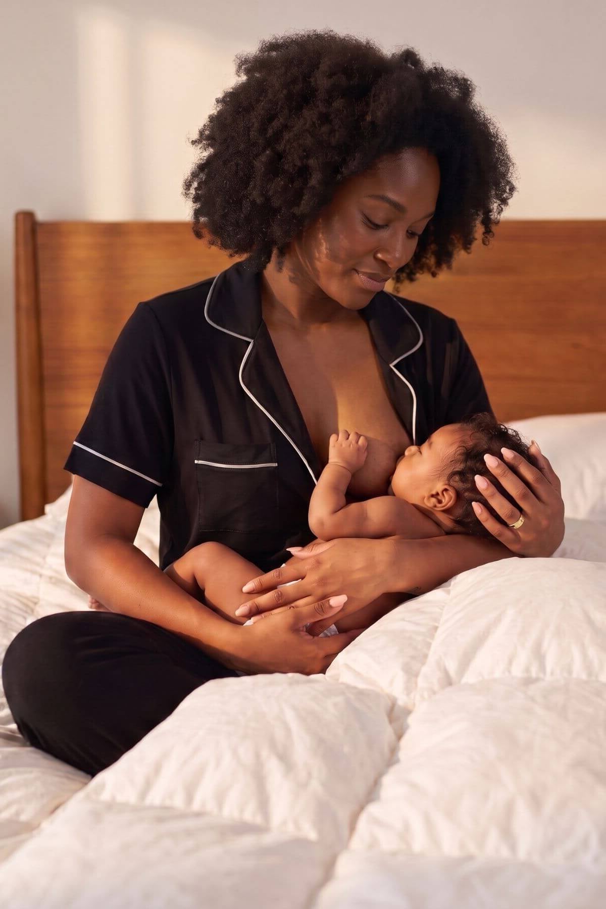 A woman with dark curly hair sits on a bed wearing black pajamas with white piping and breastfeeding a baby. The background features a wooden headboard and white bedding.