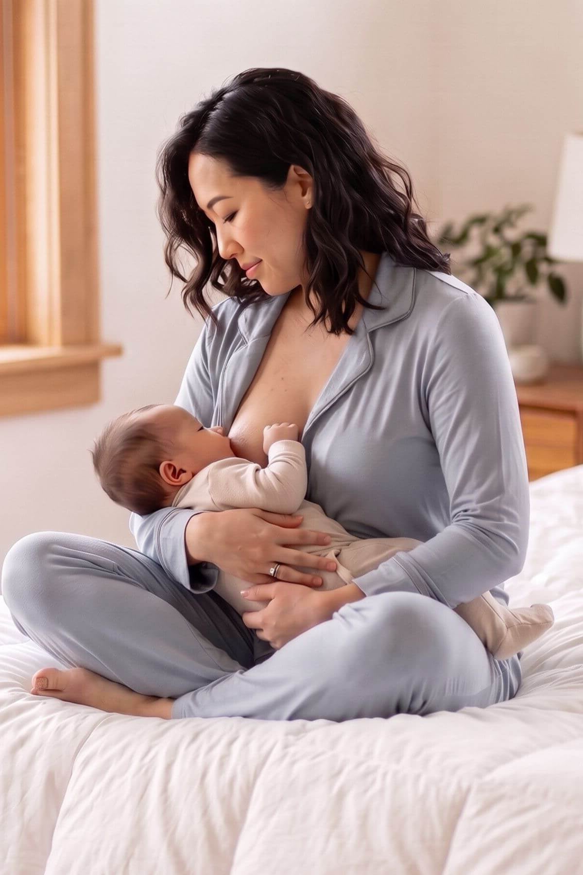 A woman in light blue pajamas sits on a bed holding a baby while breastfeeding. The room has soft, warm lighting and a neutral background.