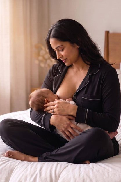 A woman in black pajamas sits on a bed holding and breastfeeding a baby. The scene is set in a softly lit bedroom with neutral beige curtains and bedding.