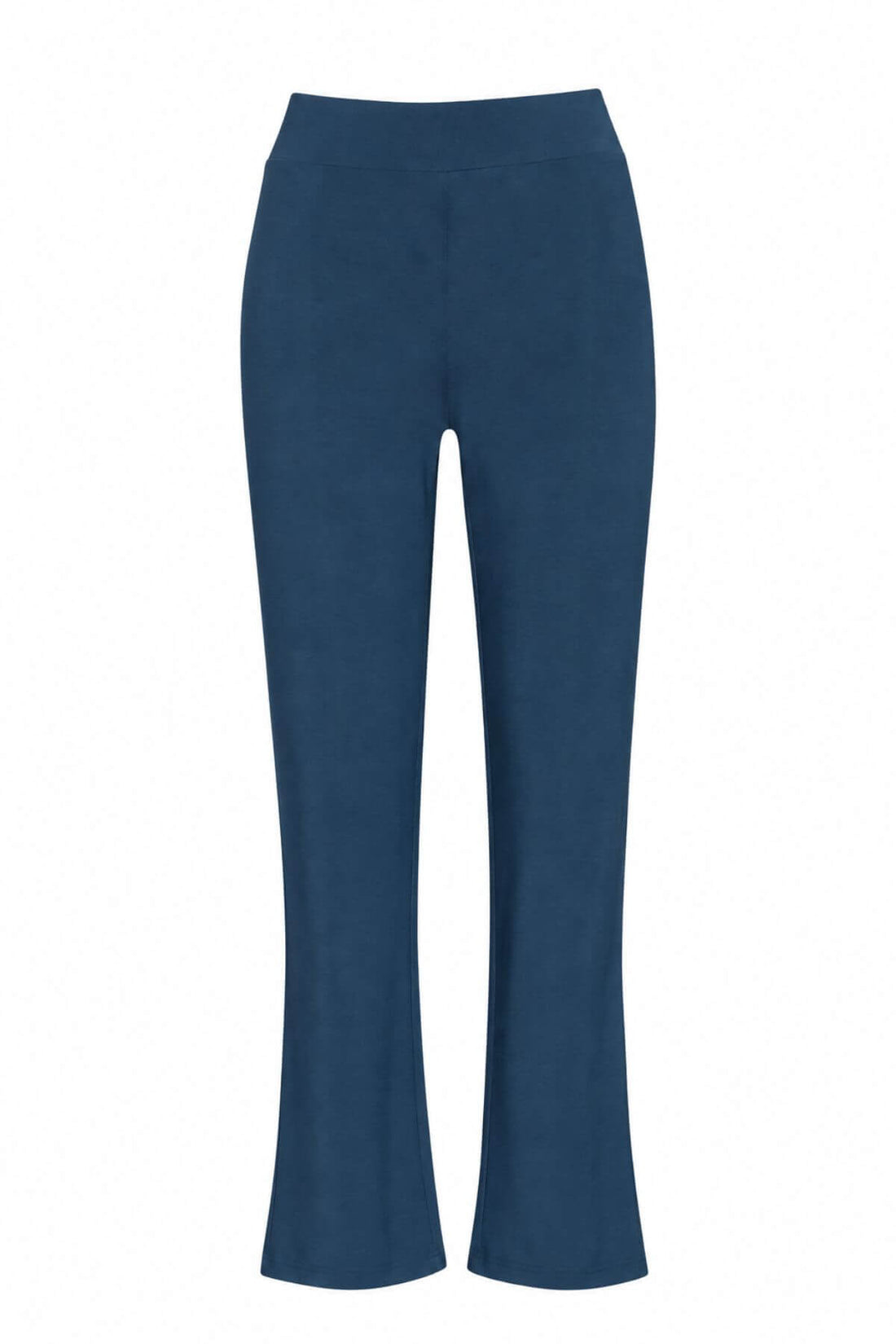 A pair of dark blue cropped flare pants shown on a plain white background.