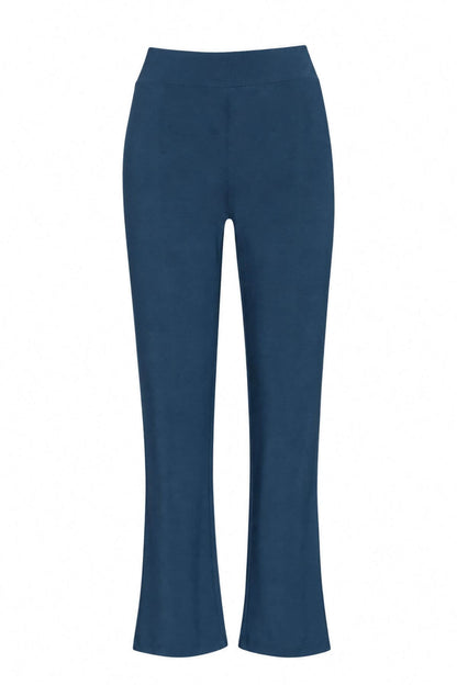 A pair of dark blue cropped flare pants shown on a plain white background.