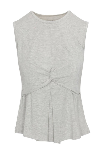 A light gray sleeveless knit top with a crew neck and a twisted front detail, displayed on a clean white background.