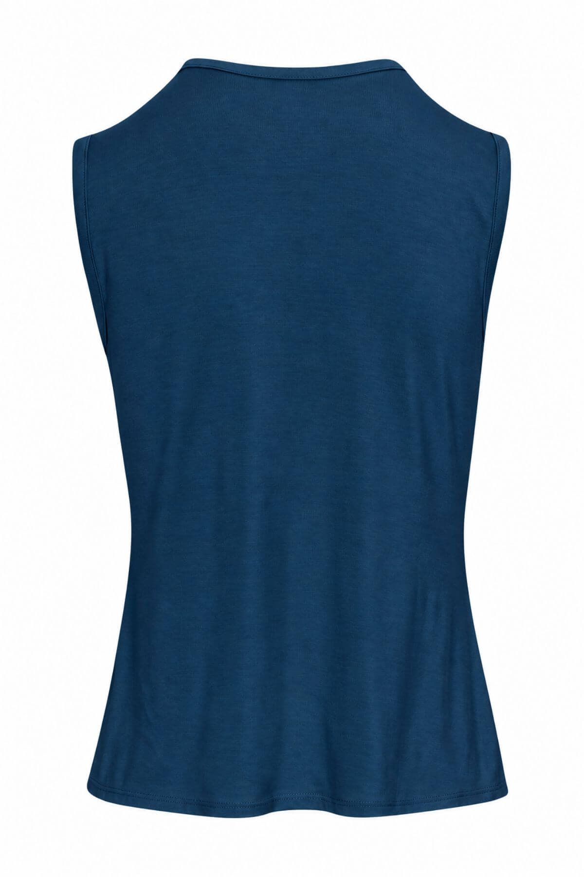 A sleeveless tank top in a solid dark teal-blue color, shown from the back against a plain white background.