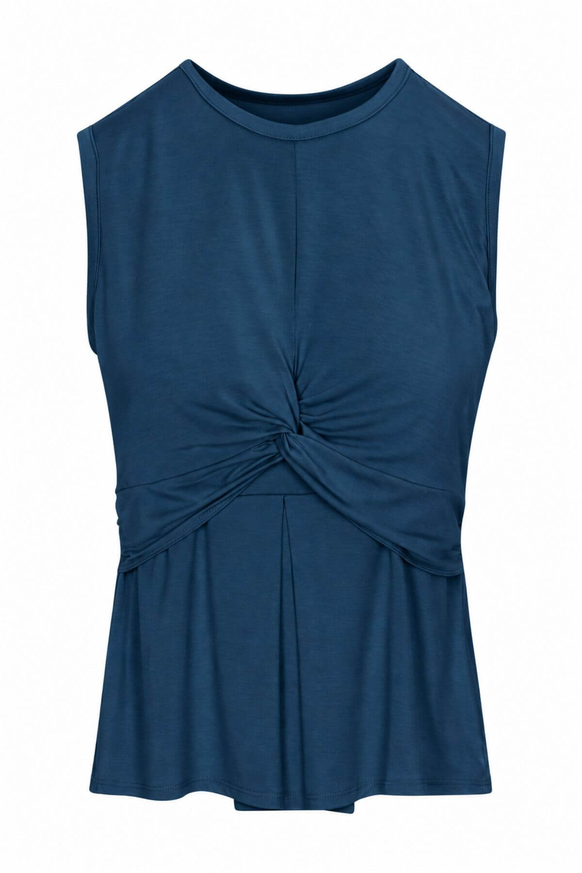 A sleeveless crewneck top in a deep teal blue, featuring a twisted knot detail at the center front and a flared peplum hem, shown against a plain white background.