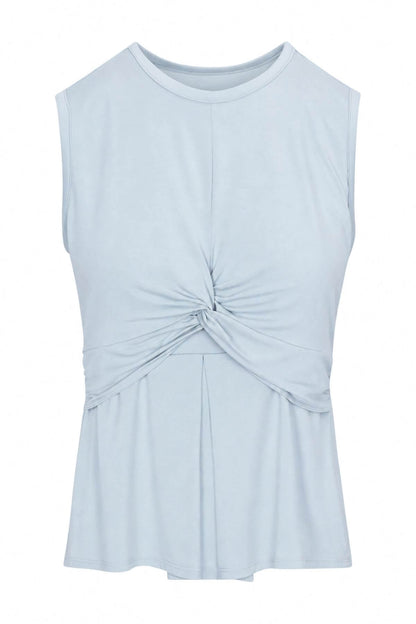 A light blue sleeveless knit top with a gathered twist detail at the center front, displayed on a clean white background.