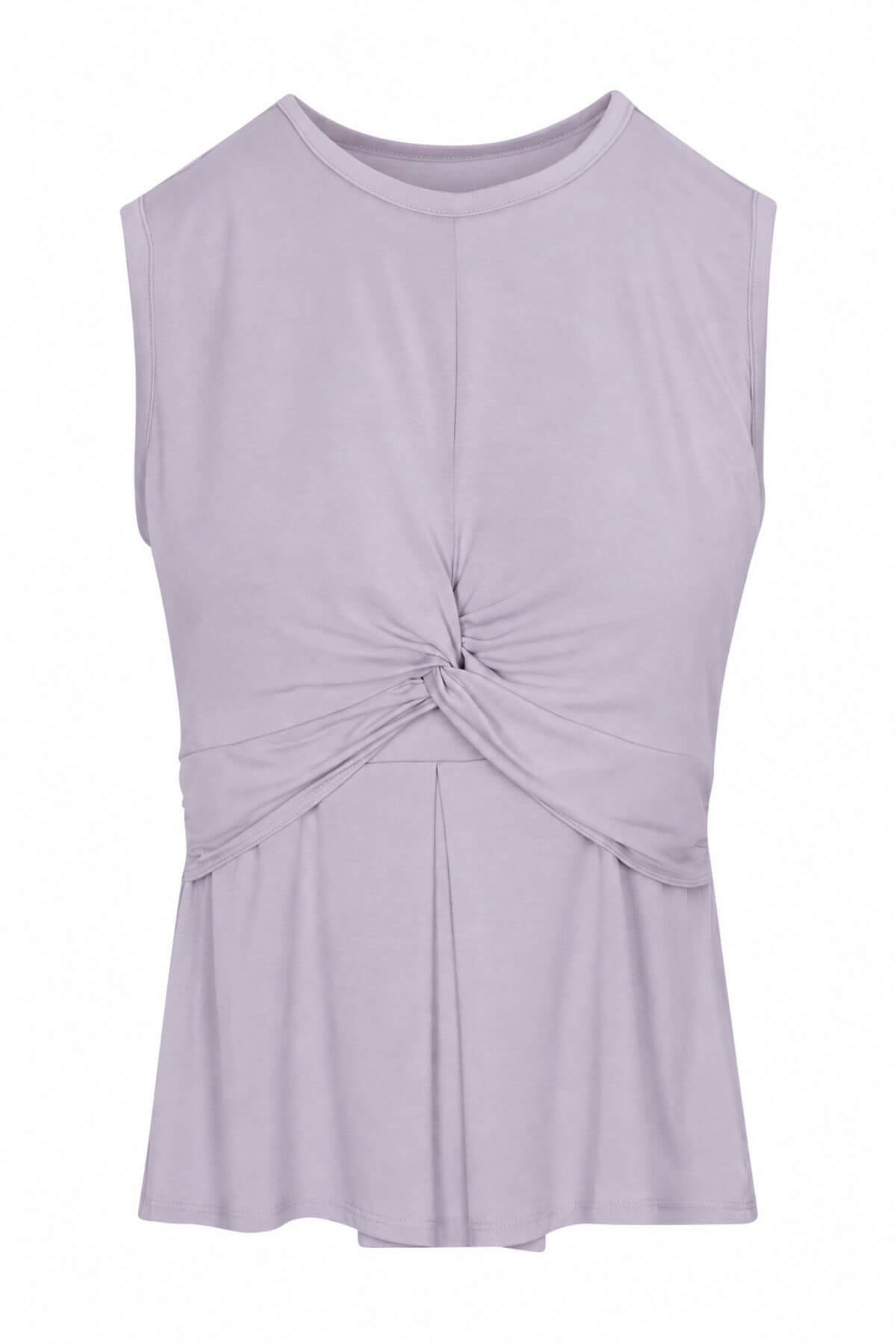 A sleeveless light purple top with a gathered twist detail at the center front and a flared peplum hem, shown against a plain white background.
