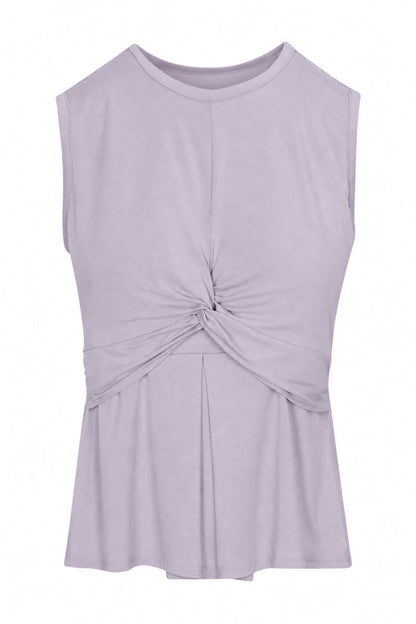 A sleeveless light purple top with a gathered twist detail at the center front and a flared peplum hem, shown against a plain white background.