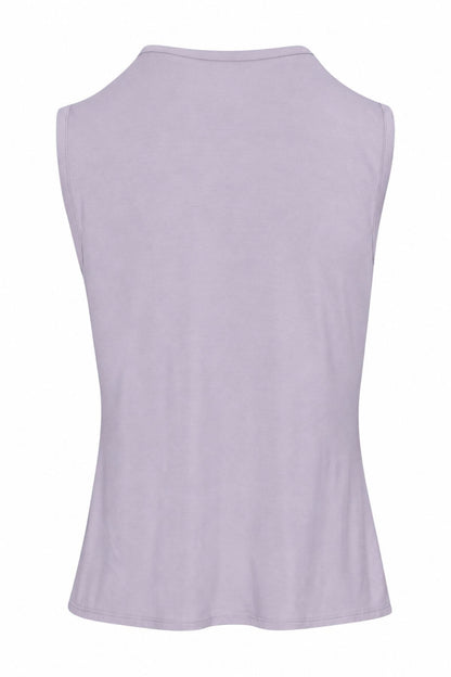 A sleeveless, scoop-neck tank top in a light lavender purple color, shown from the back against a plain white background.