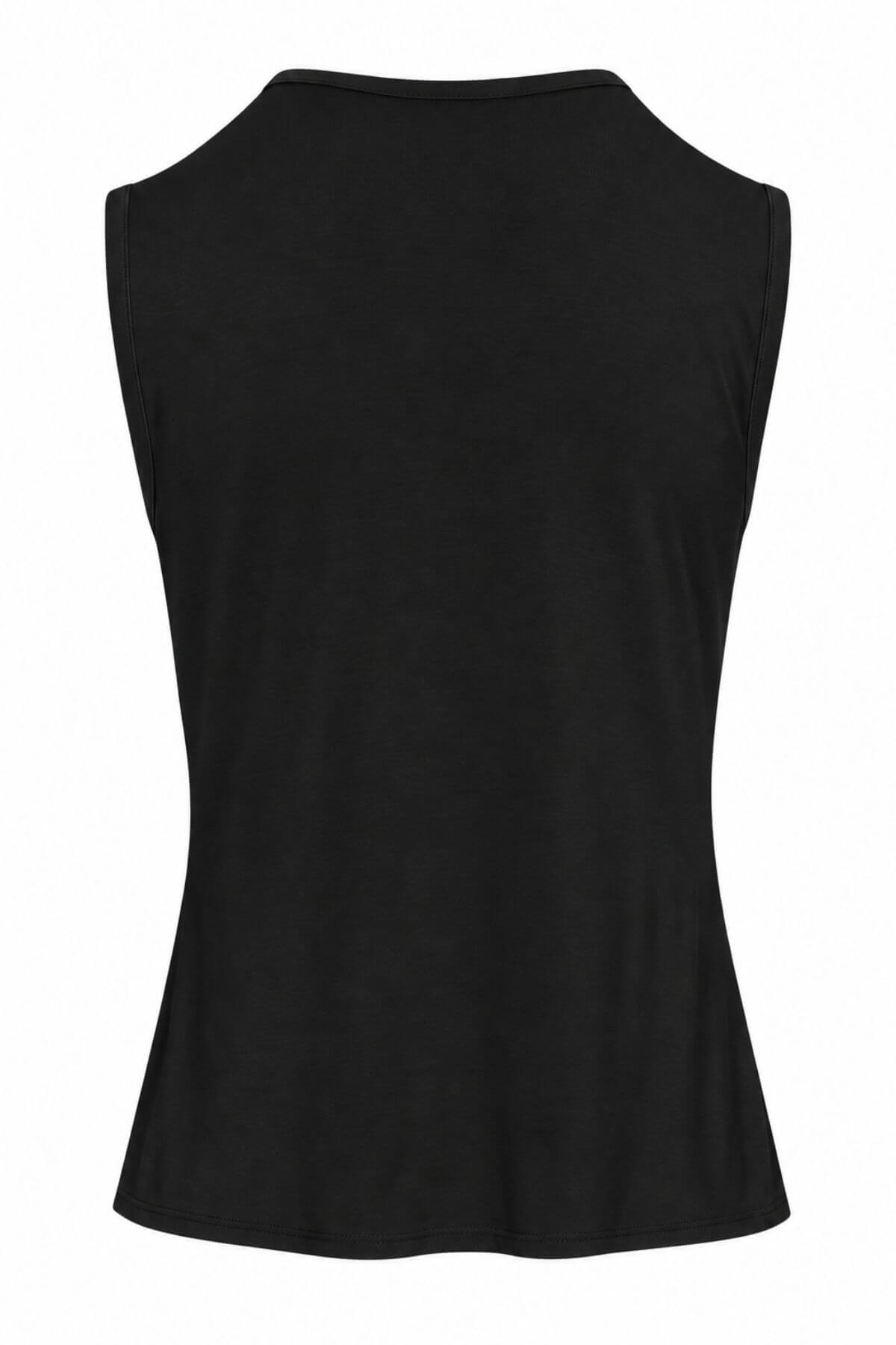 A black sleeveless tank top shown from the back, photographed against a plain white background.