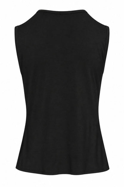 A black sleeveless tank top shown from the back, photographed against a plain white background.