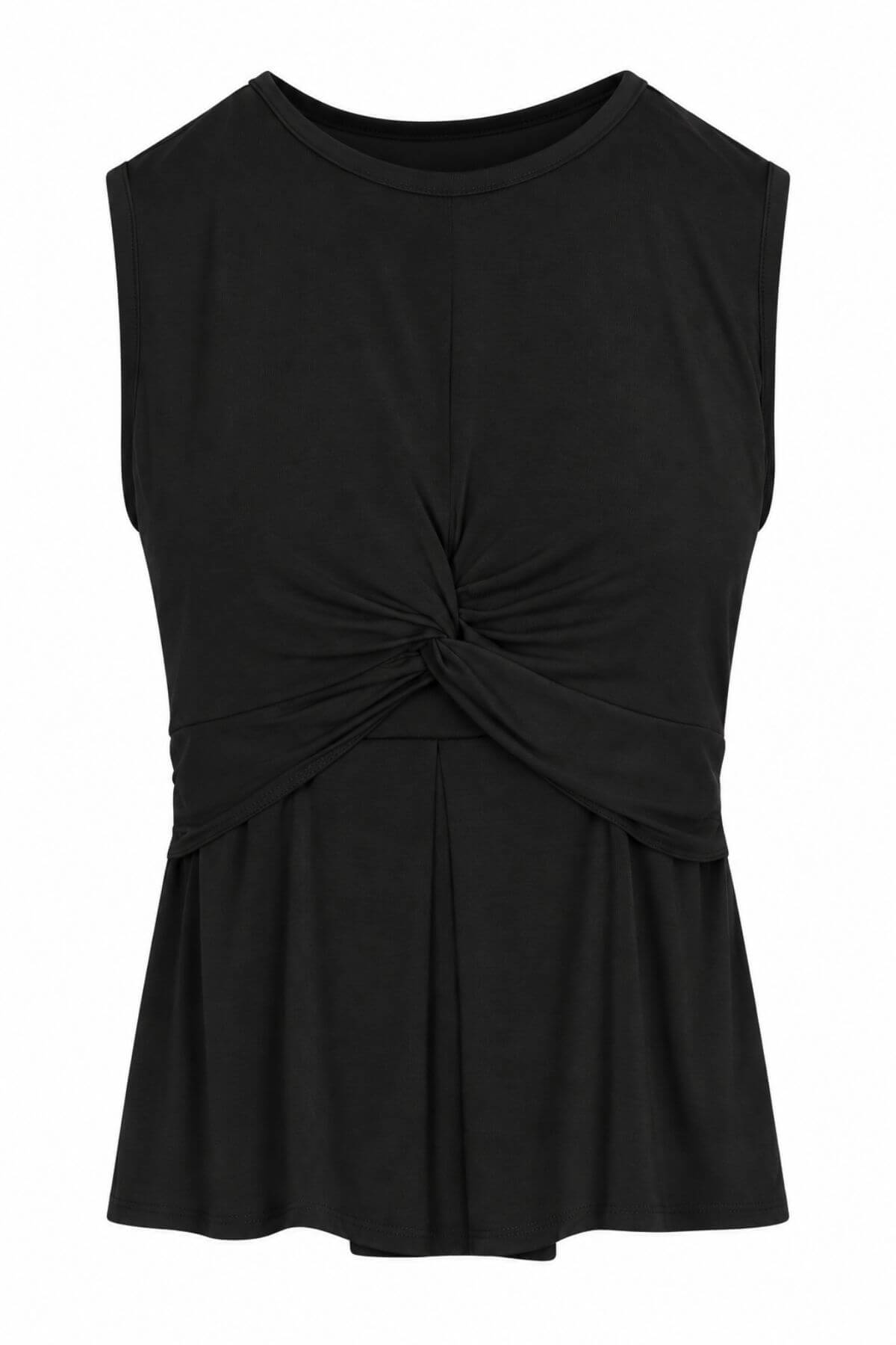 A black sleeveless top with a gathered, twisted knot detail at the center front and a flared peplum hem, shown against a plain white background.