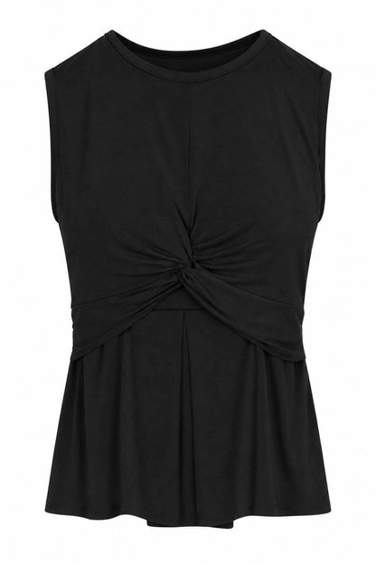 A black sleeveless top with a gathered, twisted knot detail at the center front and a flared peplum hem, shown against a plain white background.