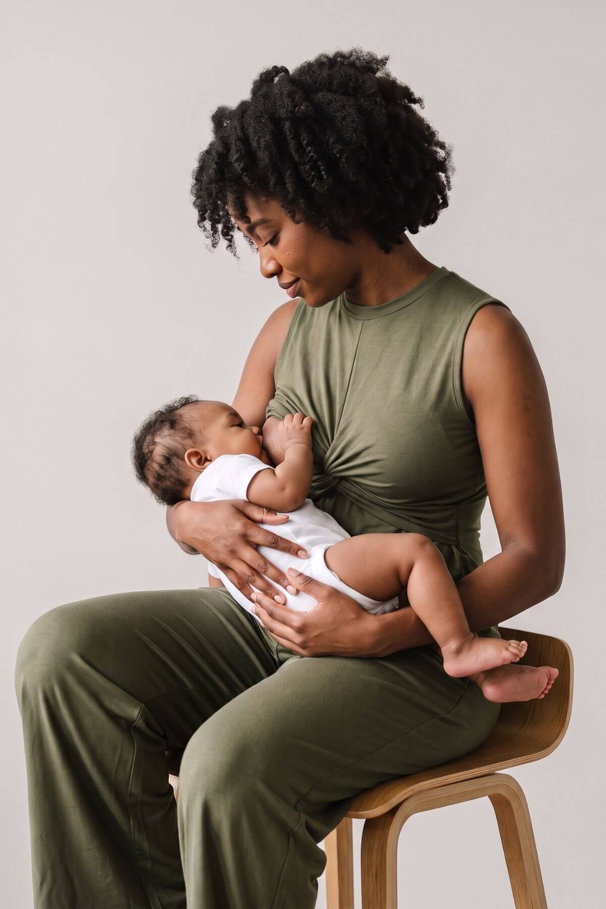 A woman in an olive green nursing top and matching pants sits on a wooden stool, holding a baby dressed in a white onesie against a plain light gray background.