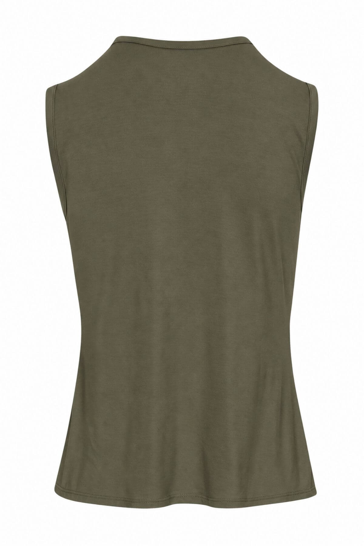 An olive green sleeveless tank top shown from the back, displayed on a clean white background.