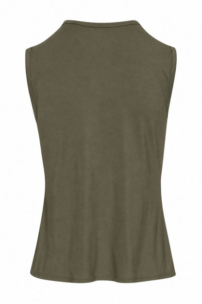 An olive green sleeveless tank top shown from the back, displayed on a clean white background.