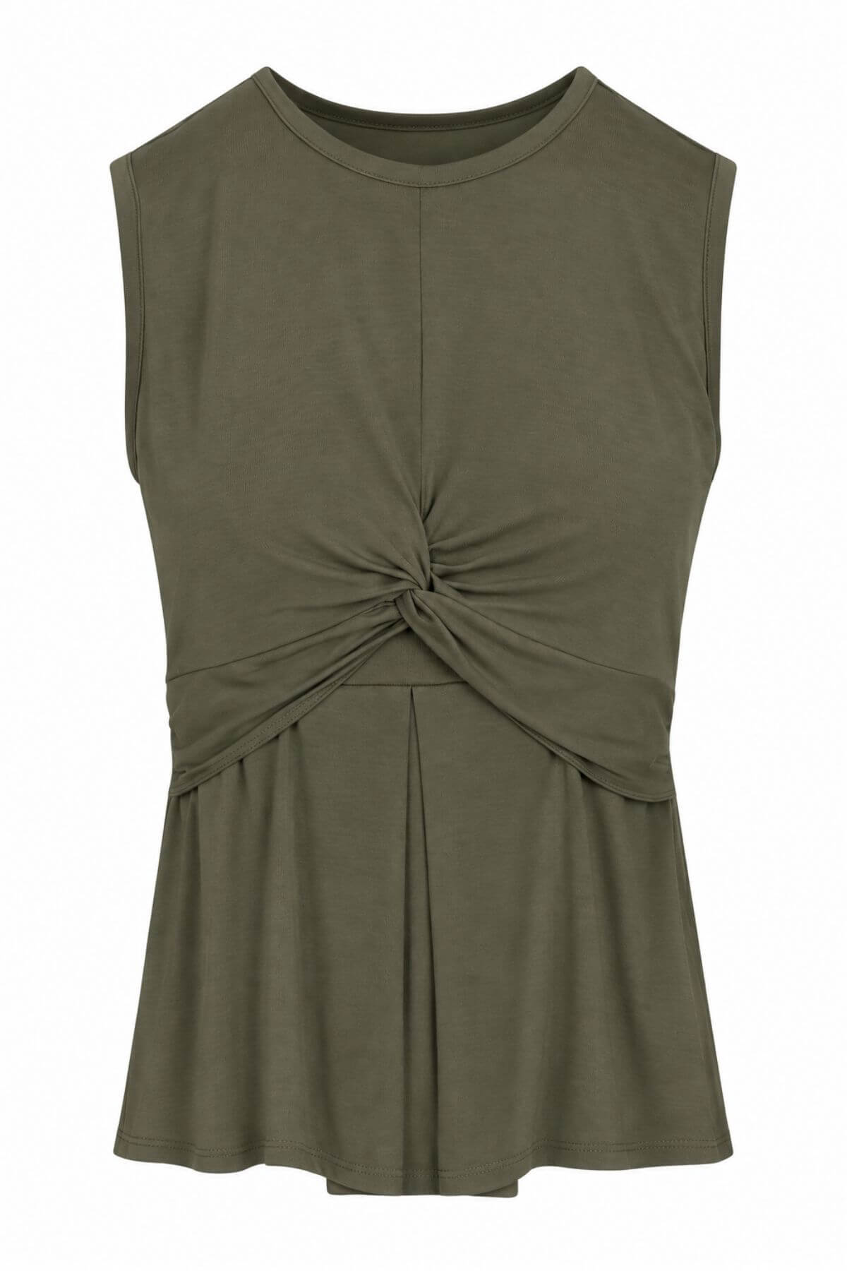 An olive green sleeveless top with a twisted knot detail at the center of the chest, displayed on a clean white background.