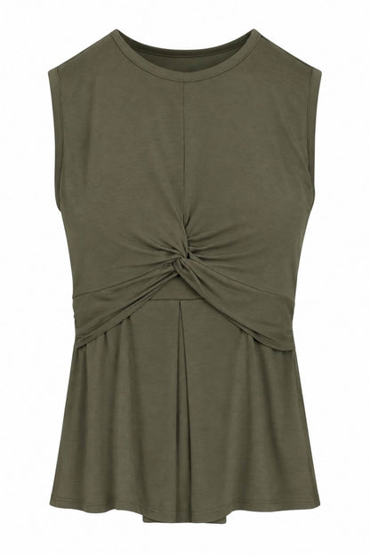 An olive green sleeveless top with a twisted knot detail at the center of the chest, displayed on a clean white background.