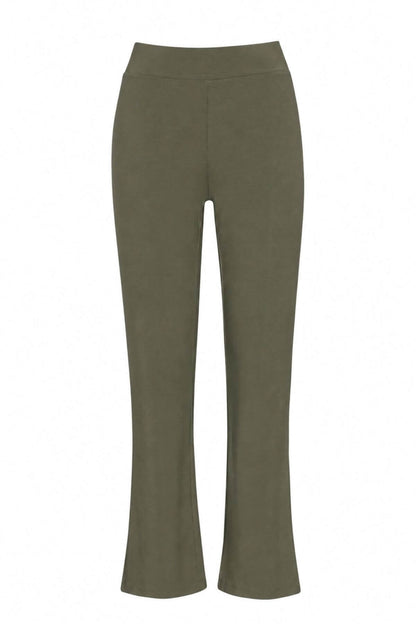 A pair of olive green cropped flare pants shown on a plain white background.