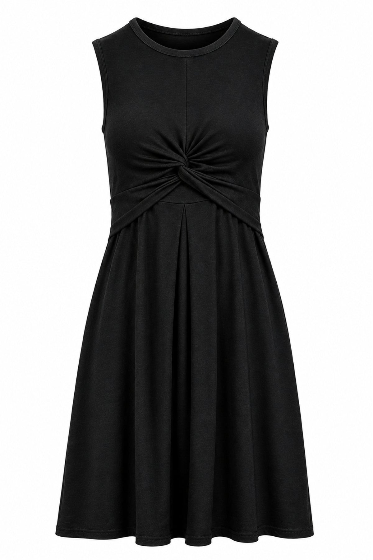 A sleeveless black dress with a gathered, twisted detail at the center of the bodice and a flared skirt, shown against a plain white background.