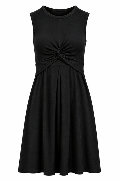 A sleeveless black dress with a gathered, twisted detail at the center of the bodice and a flared skirt, shown against a plain white background.