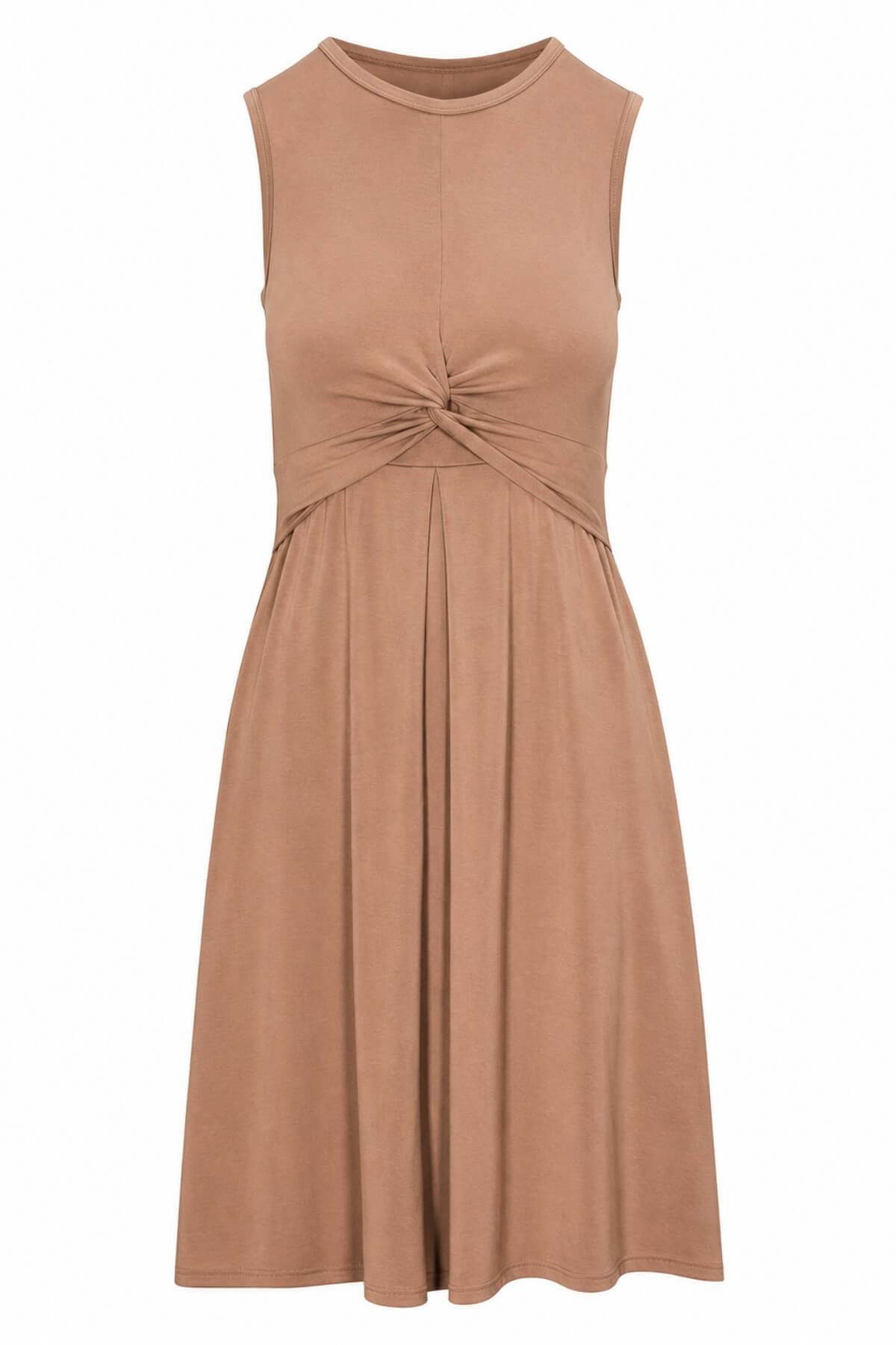 A sleeveless midi dress in a warm tan or camel shade, featuring a gathered twist detail at the waist and a pleated skirt, shown against a plain white background.