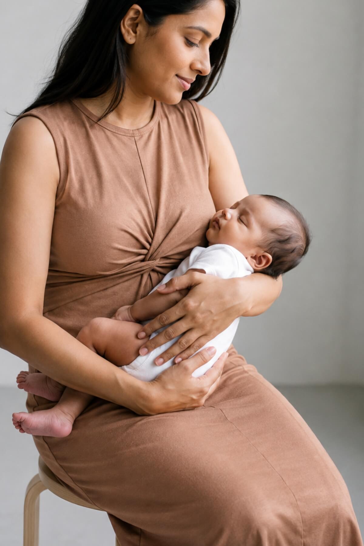 A woman in a sleeveless brown dress holds a sleeping newborn baby dressed in a white swaddle while breastfeeding. The woman is seated on a light-colored stool against a neutral, light gray background.