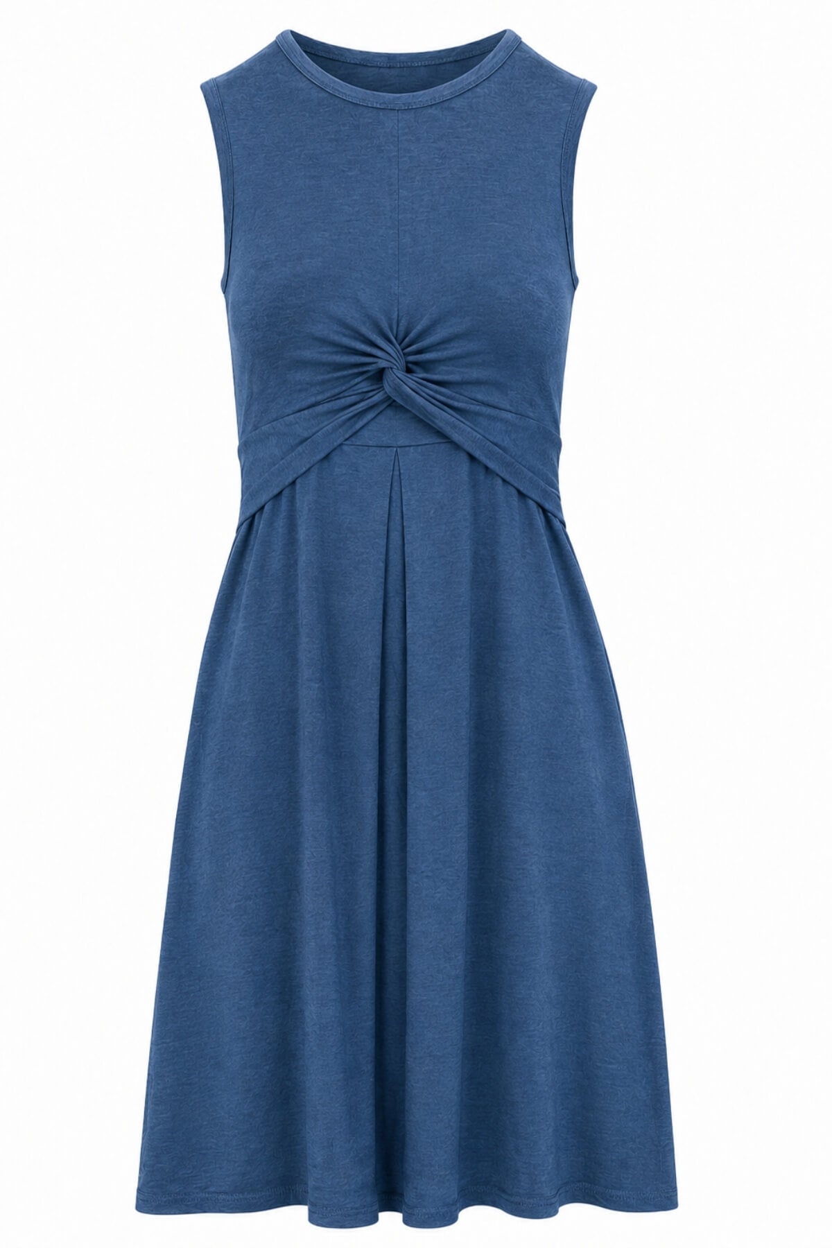 A sleeveless blue dress with a gathered twist detail at the center of the waist and a flared skirt, shown against a plain white background.