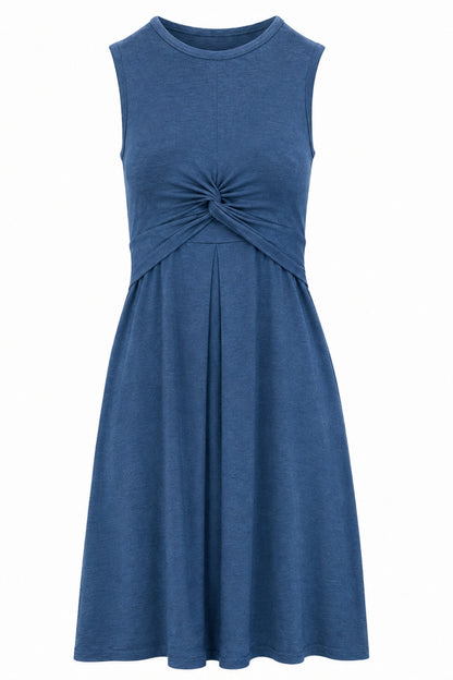 A sleeveless blue dress with a gathered twist detail at the center of the waist and a flared skirt, shown against a plain white background.
