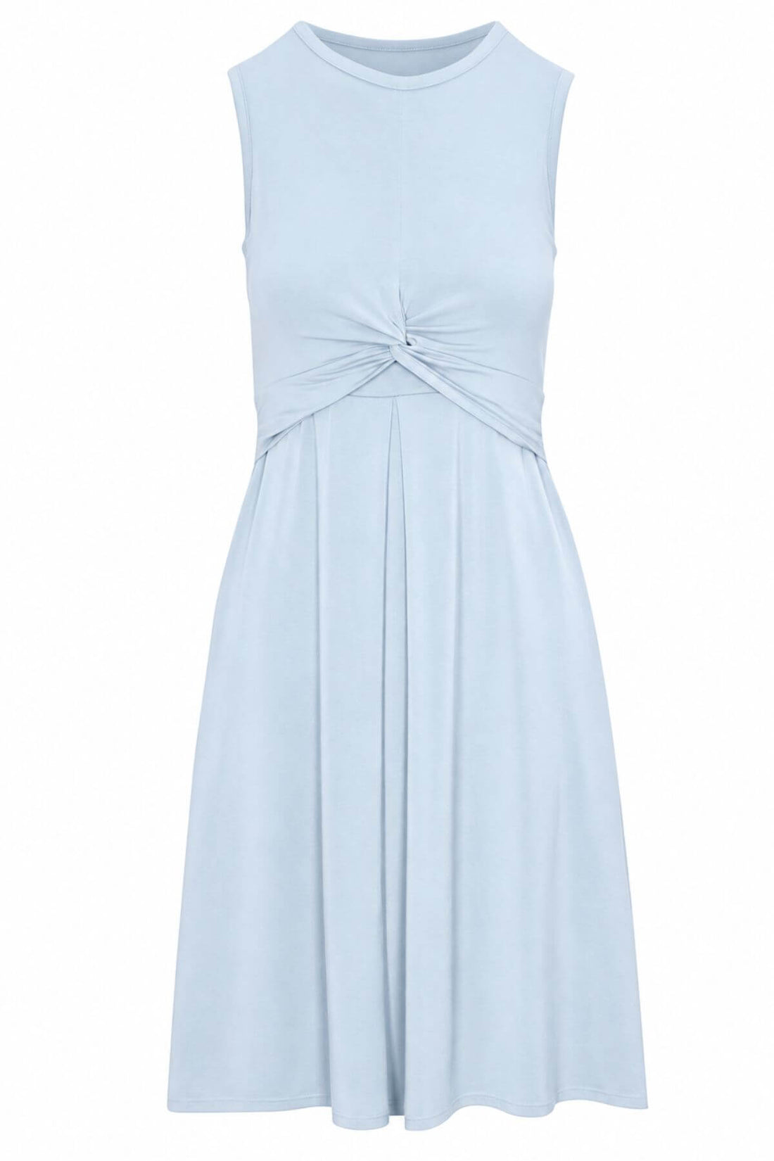 A light blue sleeveless midi dress with a gathered twist detail at the waist, shown against a plain white background.