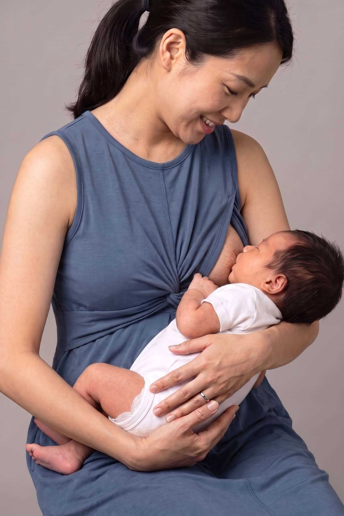 A woman in a slate blue maternity nursing top holds and breastfeeds a sleeping newborn baby wearing a white onesie, set against a solid gray studio background.