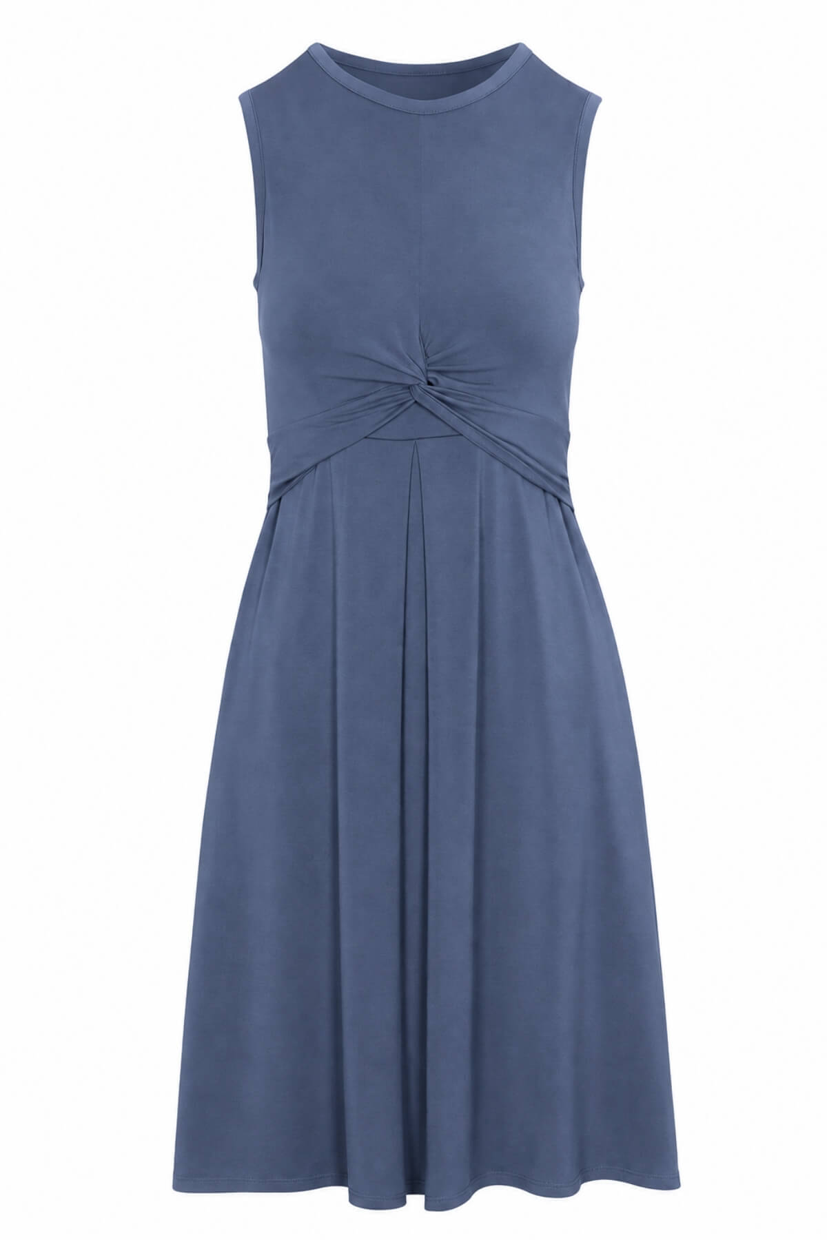 A sleeveless slate blue dress with a gathered twist detail at the waist, shown against a plain white background.